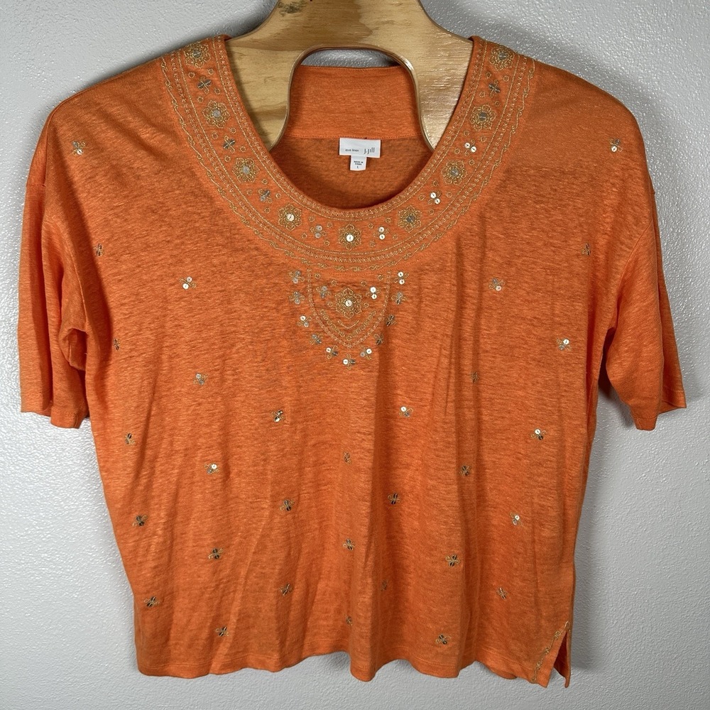 J. Jill Love Linen Womens Sz Large Orange Sequin Embroidered Blouse Top Bohemian